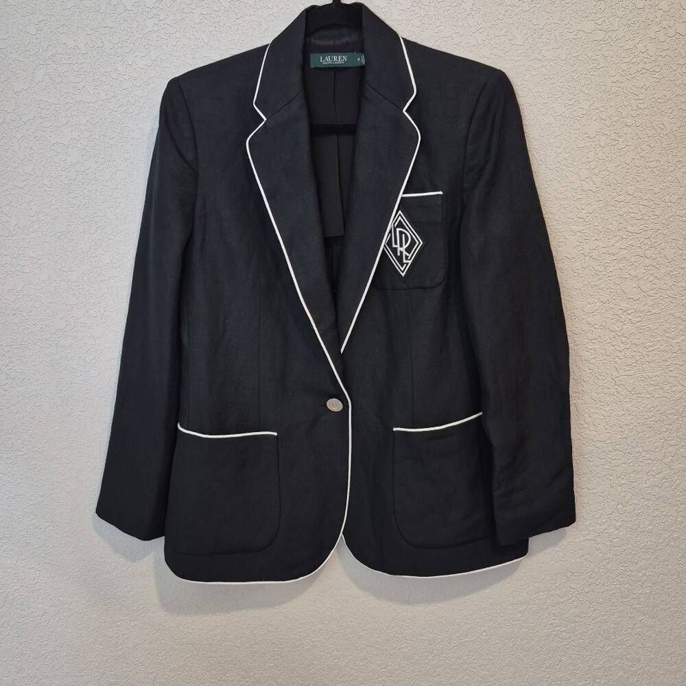 Lauren Ralph Lauren Monogram Linen-Blend Blazer Black Size 6